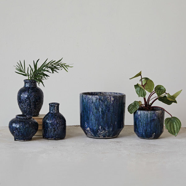 Navy Terracotta Vases with Crackle Glaze (Set of 3 Sizes)
